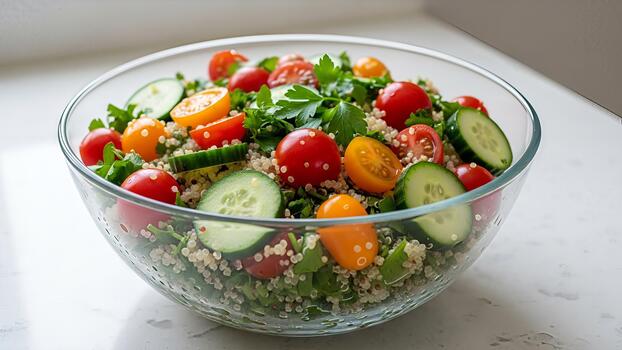 nutritivo quinua ensalada con Fresco Tomates y pepinos en un vaso cuenco foto