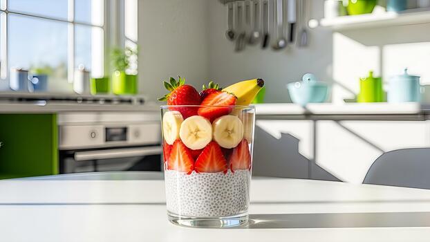 nutritivo en capas desayuno parfait presentando chia pudín con plátano y fresa rebanadas foto