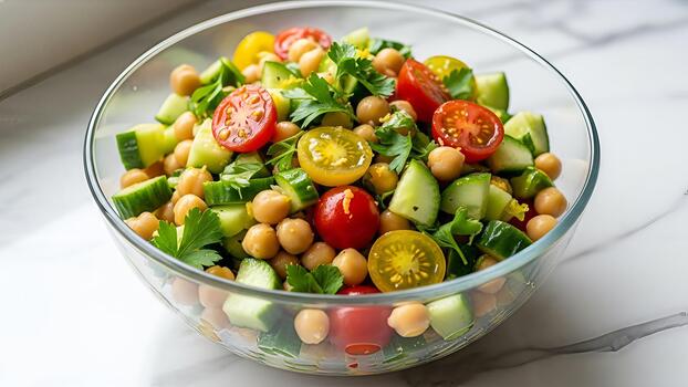 nutritivo garbanzo ensalada con Fresco verduras, un sinfonía de sabores y texturas en un vaso foto