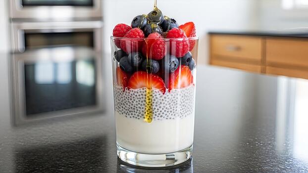 Nutritious chia seed pudding with yogurt, honey and fresh forest fruits served in a glass photo