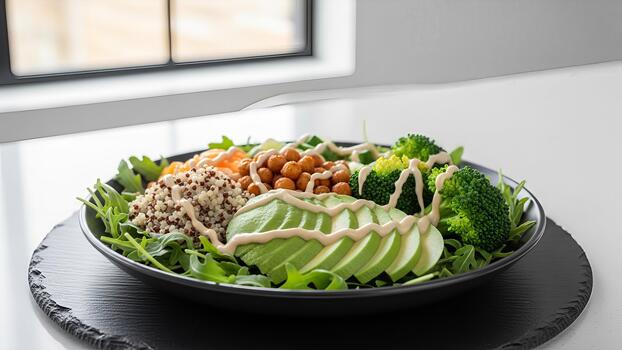 Nutritious buddha bowl composition featuring fresh avocado and quinoa creation photo