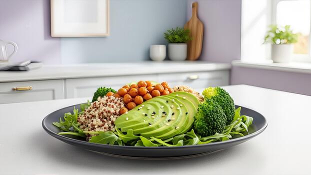 Nutritious balanced meal featuring quinoa, chickpeas, avocado, broccoli, and arugula photo