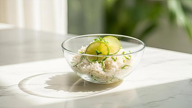 Minimalist rice bowl with lime slices on a sunlit marble surface creating aesthetic ambiance photo