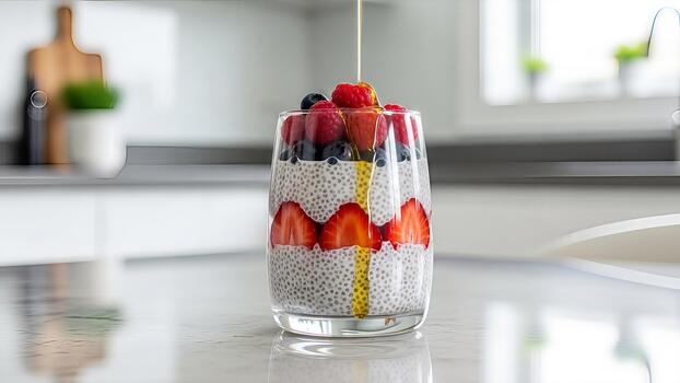 Layered chia seed pudding with mixed berries and honey drizzle in a modern kitchen offering a photo