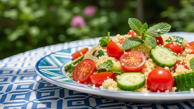 Mediterranean Couscous Salad with Fresh Mint, Tomatoes, and Cucumber for Summer photo