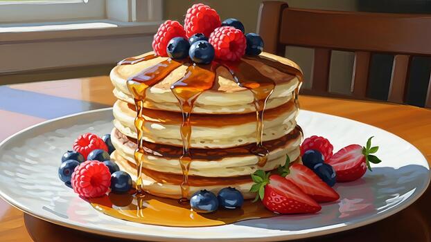Luscious stack of pancakes with dripping syrup and fresh berries creates a tempting breakfast photo