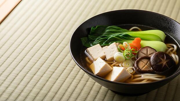 Japanese udon noodle soup with tofu, bok choy and shiitake mushrooms served in black bowl photo