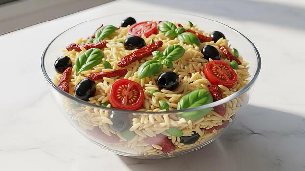 atractivo orzo pasta ensalada con Fresco albahaca, secado al sol Tomates, y aceitunas monitor foto