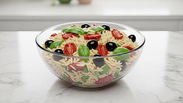 Inviting orzo pasta salad with burst cherry tomatoes and fresh basil leaves creation photo