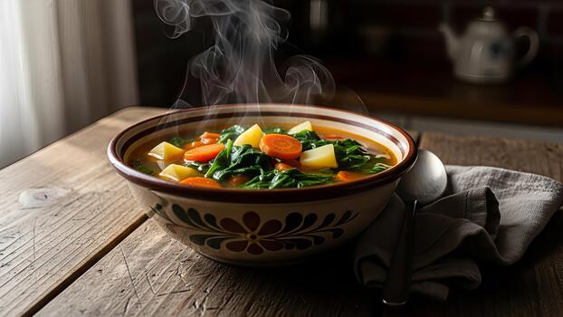 Inviting bowl of hot vegetable soup with visible steam on a rustic wood table photo