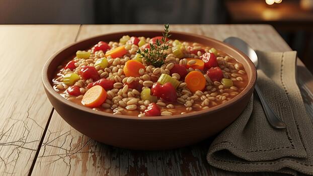 Inviting bowl of hearty barley stew on a rustic wooden surface under soft warm lighting photo