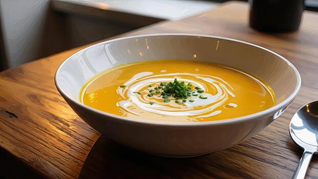 Inviting bowl of butternut squash soup with cream swirl and fresh chives sits on rustic wooden table photo