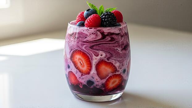 Invigorating mixed berry yogurt smoothie layered in glass ready to nourish and revitalize photo