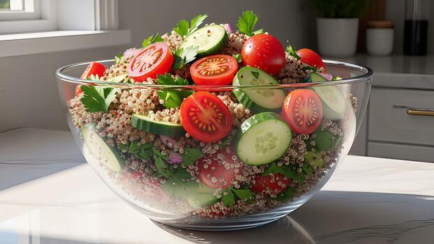Invigorating quinoa salad in a glass bowl featuring fresh tomatoes and cucumbers photo
