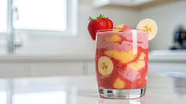 Invigorating fruit smoothie with strawberry and banana in a bright kitchen setting photo