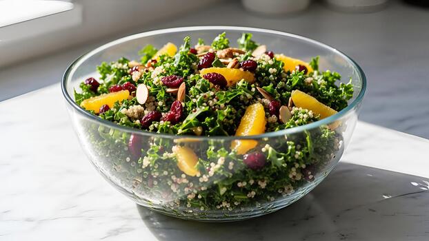 Invigorating kale and quinoa salad featuring bright orange slices and dried cranberries photo