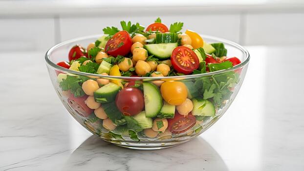 Invigorating chickpea salad with fresh cherry tomatoes, cucumbers, and parsley served in a glass photo