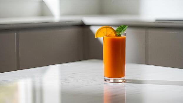 vigorizante y natural naranja refresco en un brillante blanco encimera superficie foto