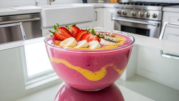 Invigorating berry smoothie bowl with sliced bananas and fresh strawberries for a delightful and photo