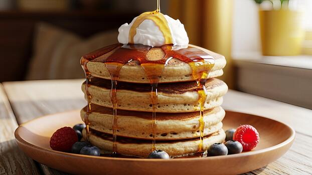 Indulge in a delightful stack of golden pancakes drizzled with luscious maple syrup for breakfast photo