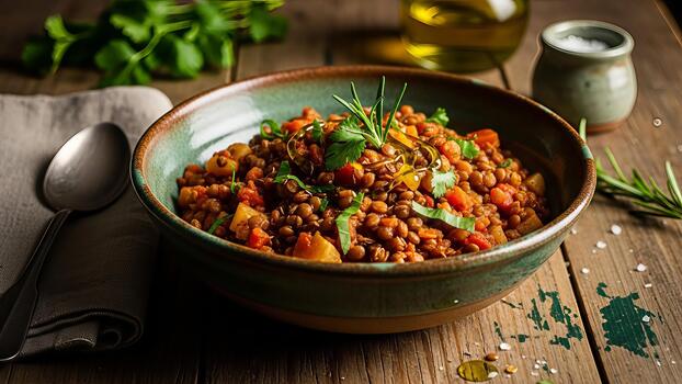 abundante lenteja estofado servido en un loza de barro cuenco en un rústico de madera mesa parte superior foto