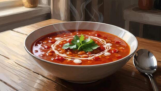 Hearty lentil soup with a swirl of cream and fresh parsley garnish on a wooden table bathed in photo