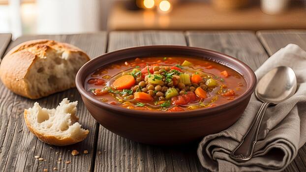 abundante lenteja sopa con Fresco un pan y rústico encanto en de madera mesa escena foto