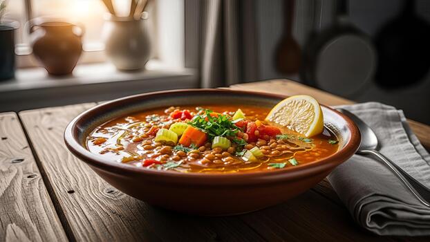 abundante lenteja sopa servido en rústico cuenco en de madera mesa cerca ventana ligero foto