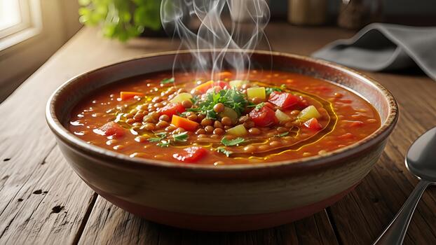Hearty lentil and vegetable soup steaming on a rustic wooden table near a window photo