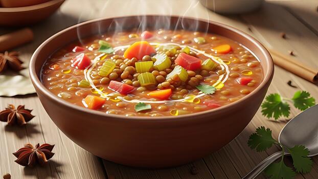 Hearty lentil soup garnished with vegetables and spices on rustic wooden table photo