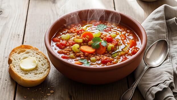 abundante lenteja sopa con vistoso vegetales servido con crujiente un pan y mantequilla foto