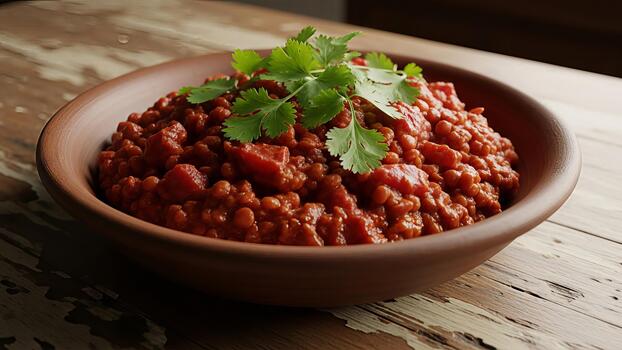 abundante lenteja y tomate estofado coronado con Fresco cilantro en rústico cuenco ajuste foto