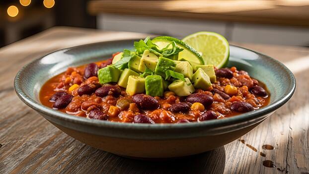 Hearty chili con carne served in rustic bowl, garnished with avocado and lime slice photo