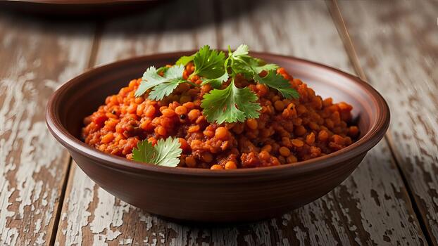 Hearty bowl of red lentil stew garnished with fresh cilantro on rustic wood backdrop photo