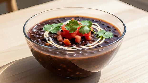 abundante cuenco de negro frijol sopa con vibrante coberturas en transparente vaso envase foto