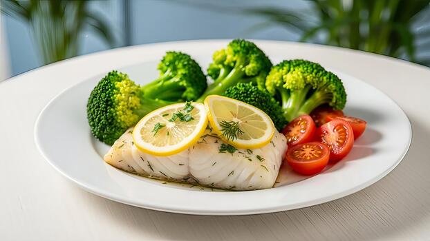 sano y apetitoso comida presentando horneado pescado con brócoli y Tomates en un plato foto