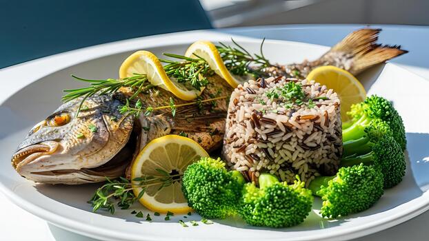 Grilled whole fish served with wild rice, broccoli and lemon, creating a visually appealing and photo