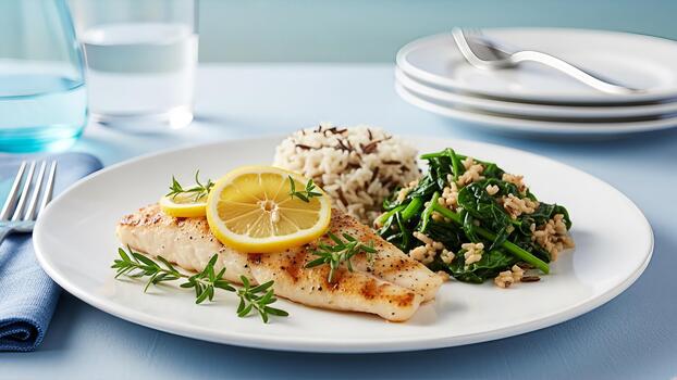 Grilled white fish fillet with wild rice, spinach and lemon garnish presentation photo