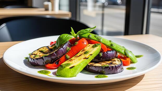 A la parrilla vegetales arreglo con Fresco albahaca, verano plato presentación y vistoso apetitoso foto