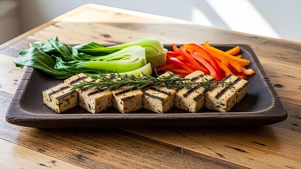 Grilled tofu with fresh bok choy and vibrant bell peppers creating a nutritious balanced meal photo