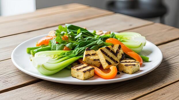 Grilled tofu with colorful vegetables on a white plate for a healthy eating option photo
