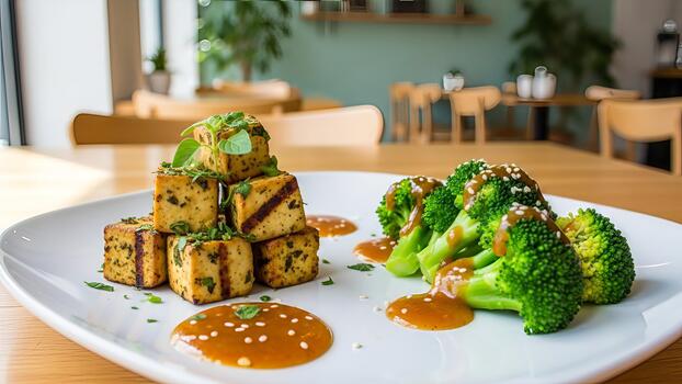 Grilled tofu stack with broccoli florets and savory glaze served in a restaurant ambiance photo