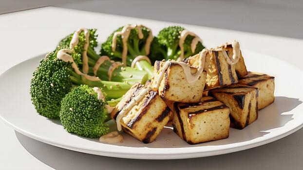 A la parrilla tofu cubitos con verde brócoli floretes ofrecimiento un nutritivo y sabroso vegano banquete foto
