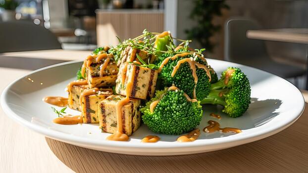 Grilled tofu cubes and fresh broccoli florets drizzled with savory tahini sauce presentation photo