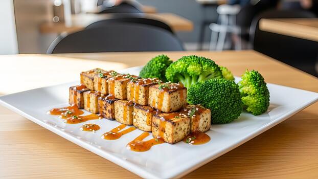 A la parrilla tofu cubitos con sabroso salsa y vibrante verde brócoli floretes presentación foto