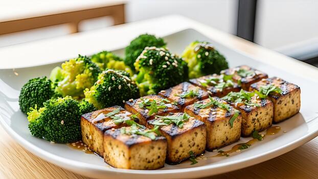 Grilled tofu cubes with fresh broccoli and a sesame dressing, a vegan delight presented on a white photo