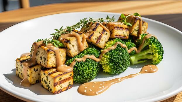 A la parrilla tofu cubitos y Fresco brócoli floretes rociado con sabroso tahini vendaje presentado foto
