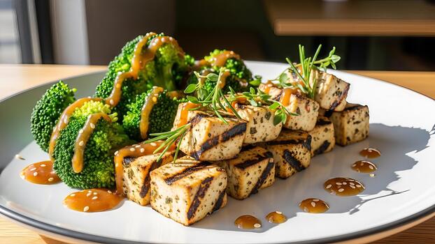 A la parrilla tofu cubitos junto a Fresco brócoli floretes rociado con un sabroso salsa crea un foto