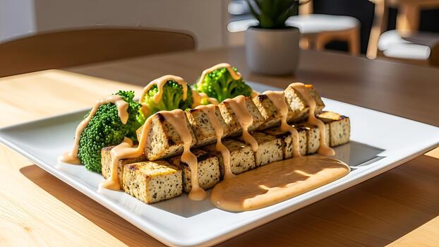 Grilled tofu and broccoli served with creamy sauce on a square white plate creates food composition photo