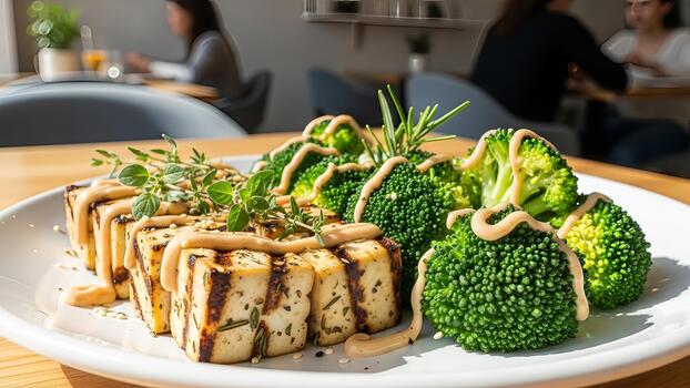 Grilled tofu and broccoli florets with creamy sauce served in a restaurant setting photo